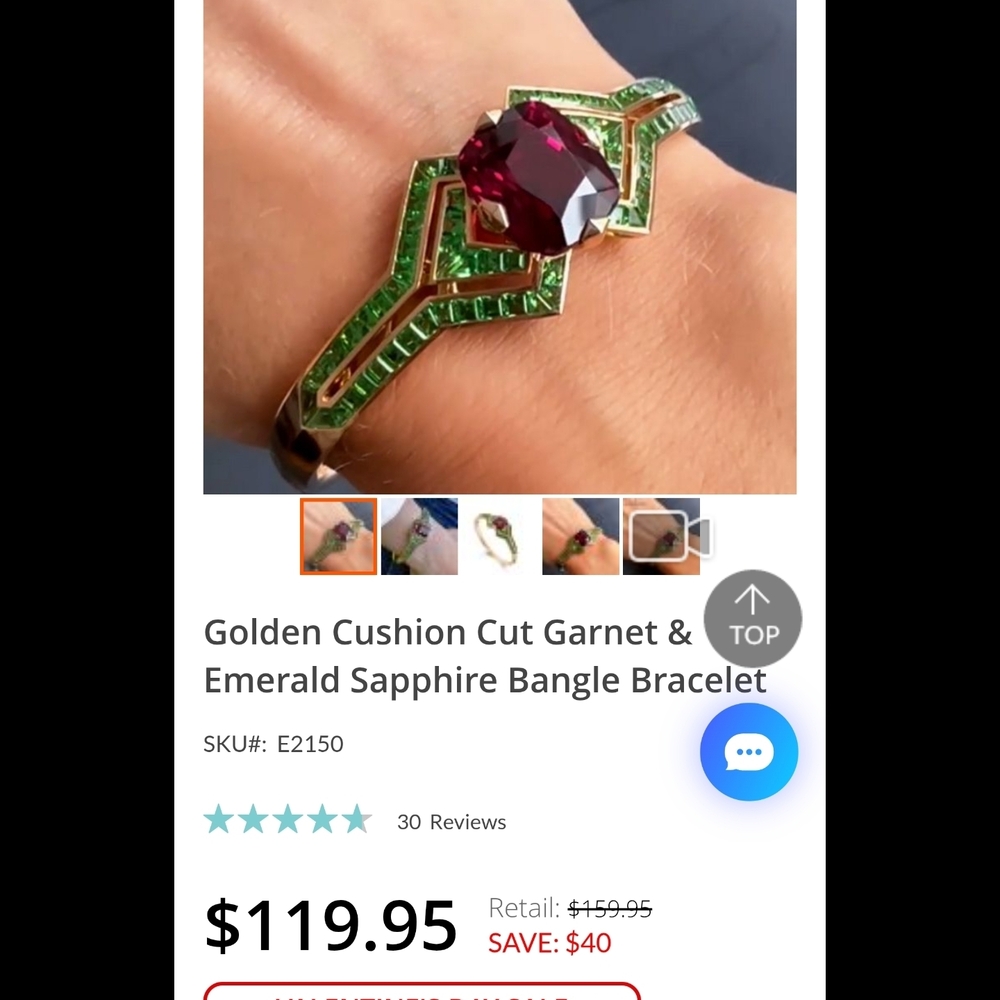 Golden Cushion Cut Garnet & Emerald Gold Bangle Bracelet - Picture 2 of 5